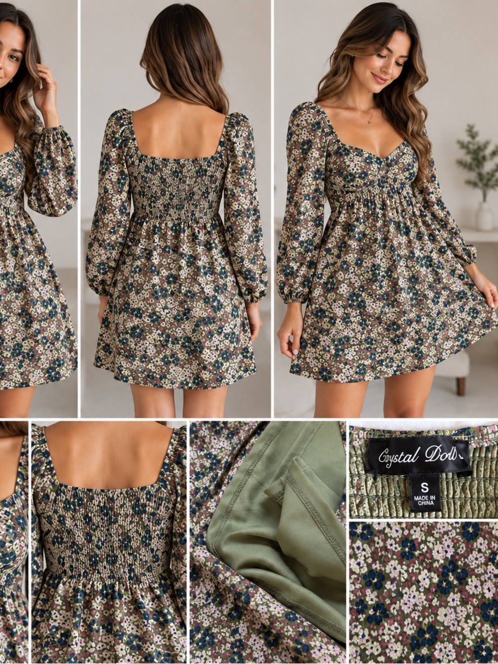 Crystal Doll Women’s Small Floral Mini Dress Puff Sleeve Smocked Cottagecore